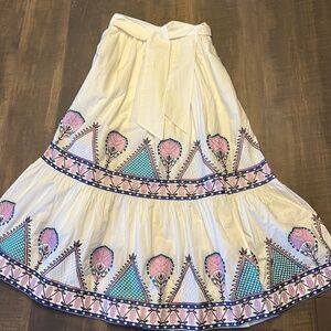 Anthropologie White Midi Skirt with Pink and Blue